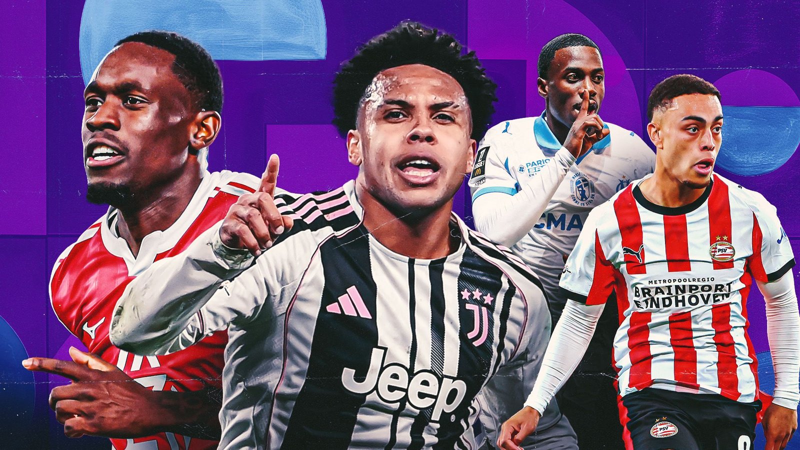 Malik Tillman celebrates in a Juventus kit, flanked by players from Ajax, Marseille, and PSV Eindhoven, set against a vibrant purple background.