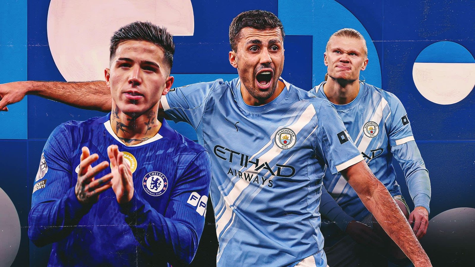 Rodri juicht in het lichtblauwe tenue van Manchester City, geflankeerd door Chelsea's Enzo Fernández in donkerblauw en Erling Haaland, tegen een levendige achtergrond.