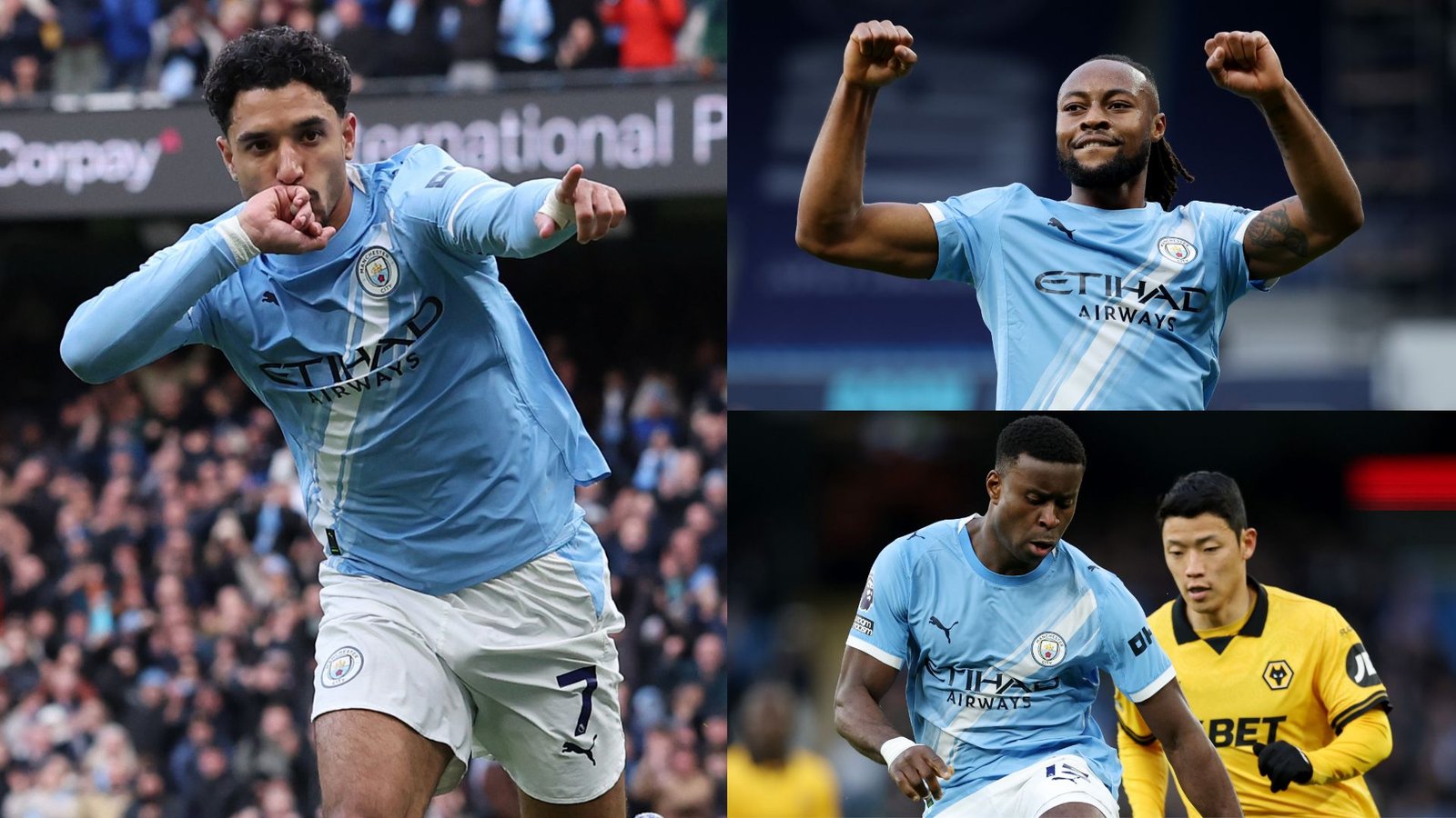 Manchester City-spelers vieren tijdens de wedstrijd tegen Wolves, met een doelpuntviering en actiefoto's in lichtblauwe tenues.