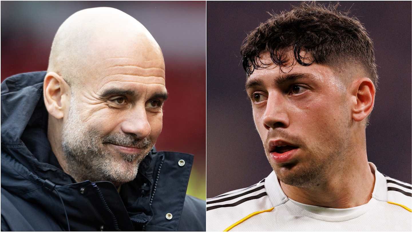 Pep Guardiola smiles in a black jacket, alongside Federico Valverde, who looks focused in a white and yellow jersey during a tense transfer scenario.