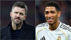 Michael Carrick and Jude Bellingham, both smiling, with Carrick on the left in a dark jacket, and Bellingham on the right in a Real Madrid kit.
