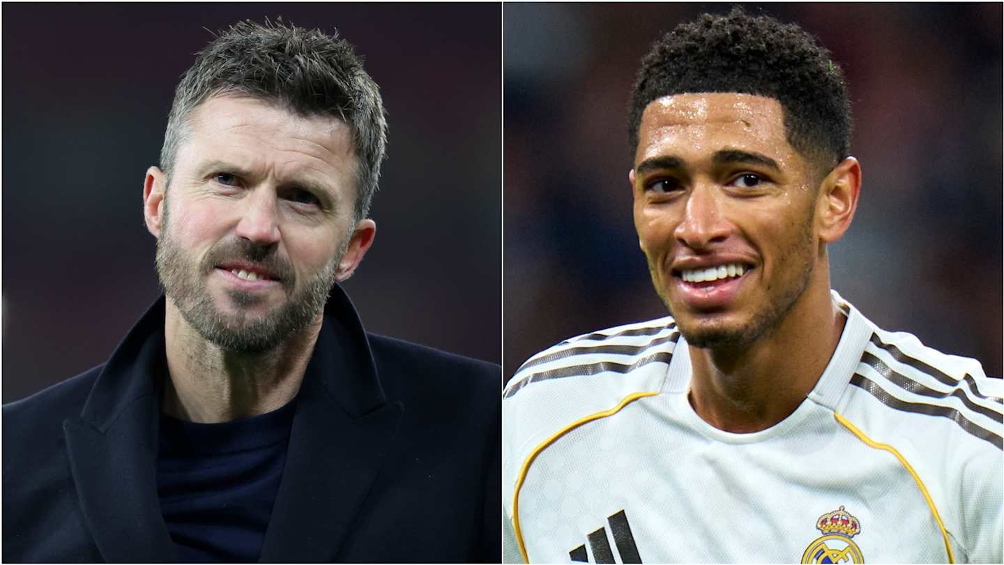 Michael Carrick and Jude Bellingham, both smiling, with Carrick on the left in a dark jacket, and Bellingham on the right in a Real Madrid kit.