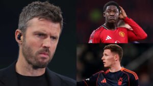 Michael Carrick looks pensive in black attire, while Manchester United’s young player and Nottingham Forest’s Scott McKenna are featured in action.