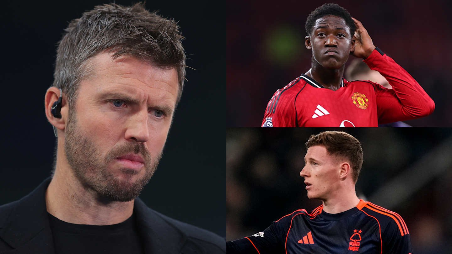 Michael Carrick looks pensive in black attire, while Manchester United’s young player and Nottingham Forest’s Scott McKenna are featured in action.