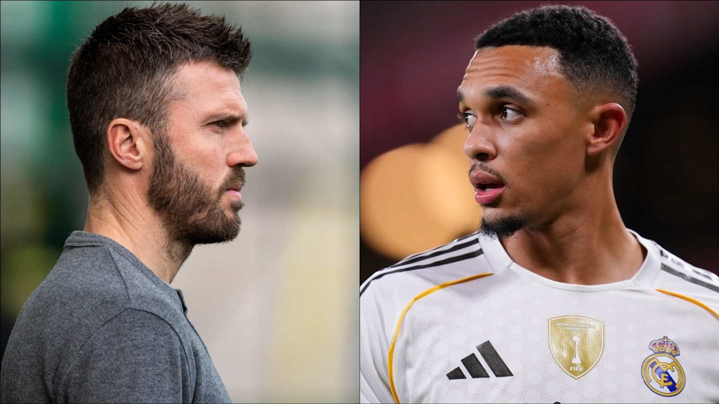 Michael Carrick and Trent Alexander-Arnold face off in a split image, showing intense expressions and distinct team kits from Manchester United and Real Madrid.