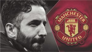 Ruben Amorim's thoughtful expression is featured alongside the Manchester United logo against a dark background, highlighting transfer discussions.