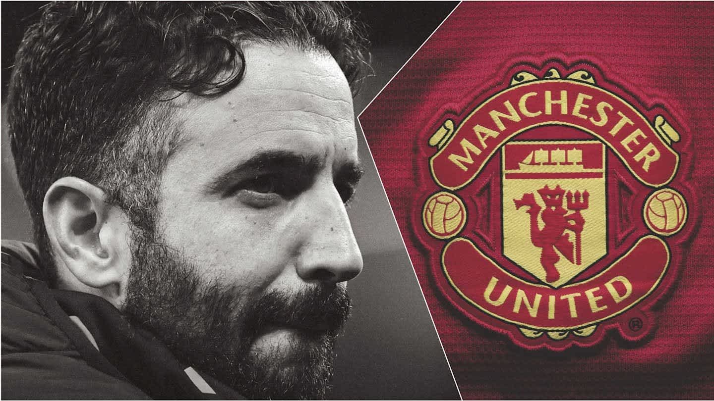 Ruben Amorim's thoughtful expression is featured alongside the Manchester United logo against a dark background, highlighting transfer discussions.