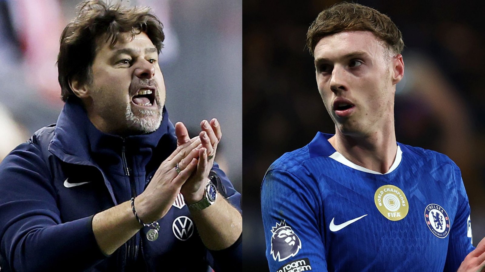 Mauricio Pochettino gebaart gepassioneerd aan de linkerkant, terwijl Cole Palmer, in een Chelsea-tenue, aan de rechterkant bedachtzaam toekijkt.