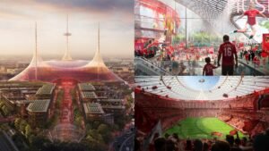 Conceptuele ontwerpen van het nieuwe stadion van Manchester United tonen een modern bouwwerk in rood, levendige fan-zones en dynamische wedstrijdtaferelen.