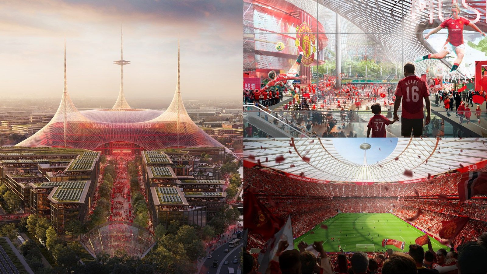 Conceptuele ontwerpen van het nieuwe stadion van Manchester United tonen een modern bouwwerk in rood, levendige fan-zones en dynamische wedstrijdtaferelen.