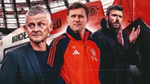 Ole Gunnar Solskjær, Darren Fletcher et Michael Carrick sont présentés sur un fond rouge de Manchester United, mettant en lumière les discussions managériales.
