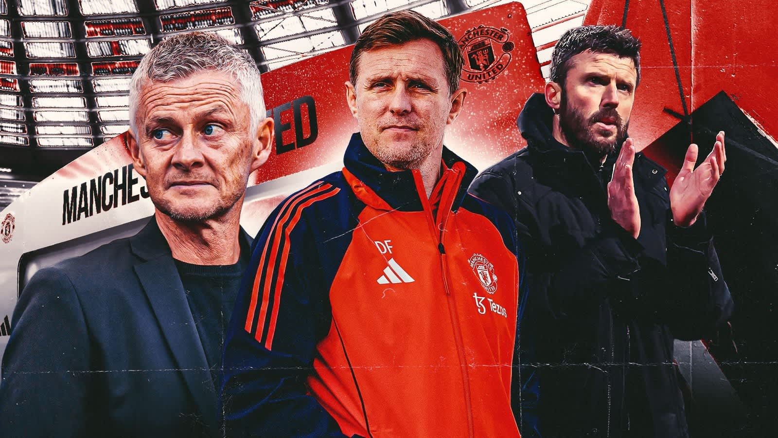 Ole Gunnar Solskjær, Darren Fletcher et Michael Carrick sont présentés sur un fond rouge de Manchester United, mettant en lumière les discussions managériales.