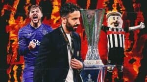 Un joueur d'Everton célèbre devant un trophée de l'UEFA, tandis que l'entraîneur Ruben Amorim passe devant une mascotte de club, le tout sur fond de décor ardent.