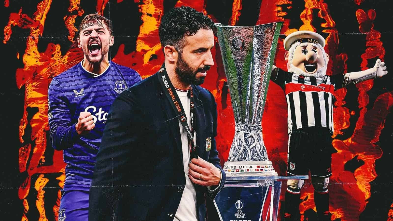 Un joueur d'Everton célèbre devant un trophée de l'UEFA, tandis que l'entraîneur Ruben Amorim passe devant une mascotte de club, le tout sur fond de décor ardent.