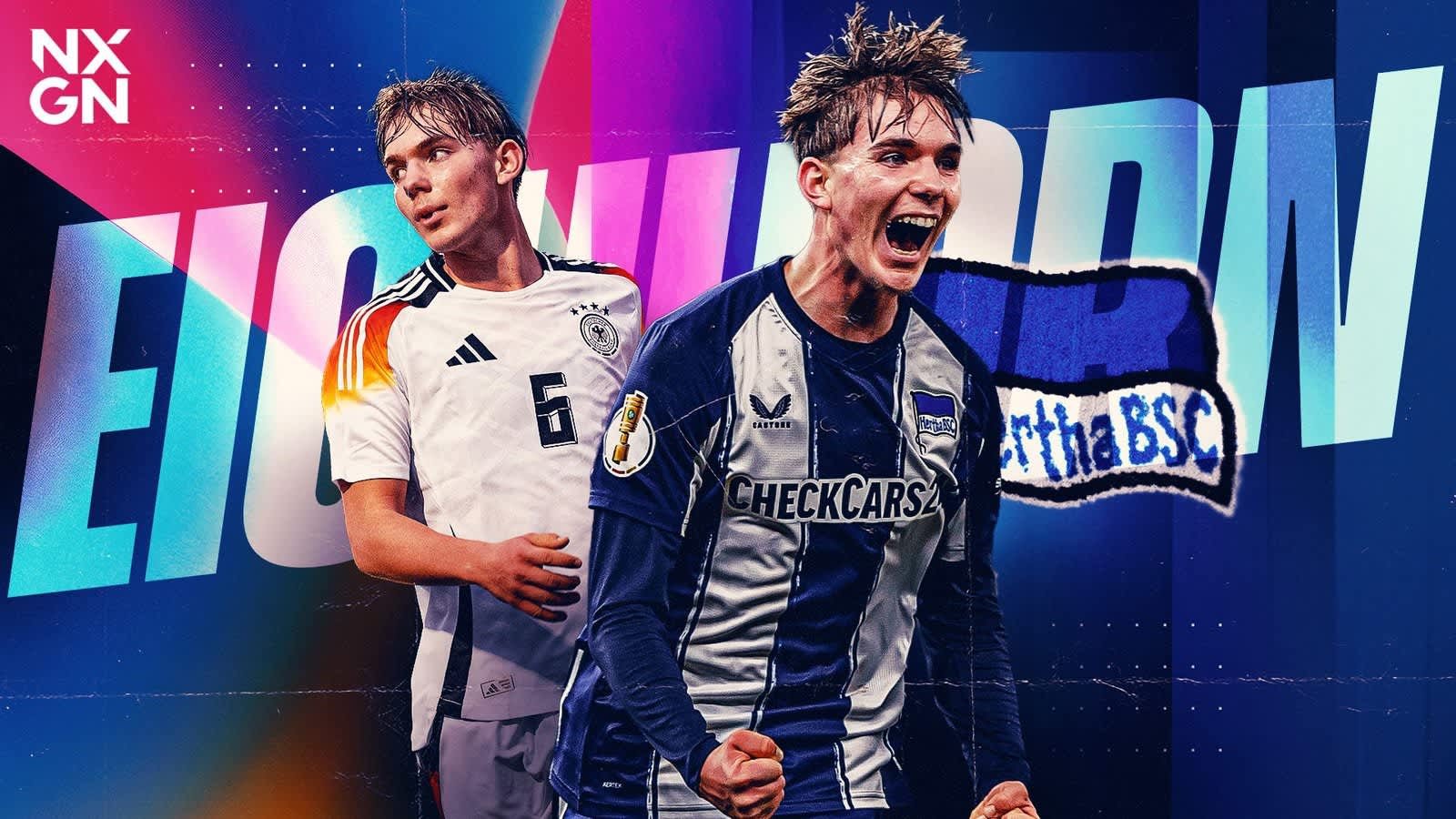 Le talent adolescent du Hertha BSC célèbre dans la tenue de son club, aux côtés d’un joueur allemand en maillot de l’équipe nationale, avec des arrière-plans vibrants mettant en valeur leur potentiel.