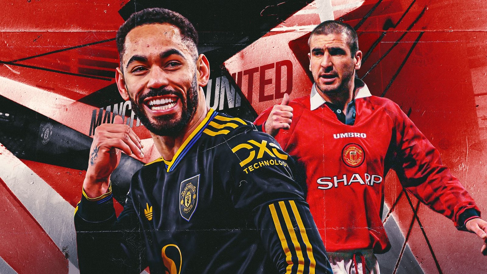 Matheus Cunha glimlacht in een Manchester United-tenue, naast Eric Cantona in een klassiek rood shirt, tegen een dynamische rood-zwarte achtergrond.