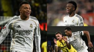 Kylian Mbappé en Vinícius Júnior vieren tijdens de wedstrijd van Real Madrid, met een Villareal-speler in een geel tenue op de achtergrond.