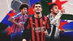 Crystal Palace's speler in een gestreept tenue, AC Milan's spits lachend in het zwart-rood, en Juventus' middenvelder gebarend in het wit-zwart.