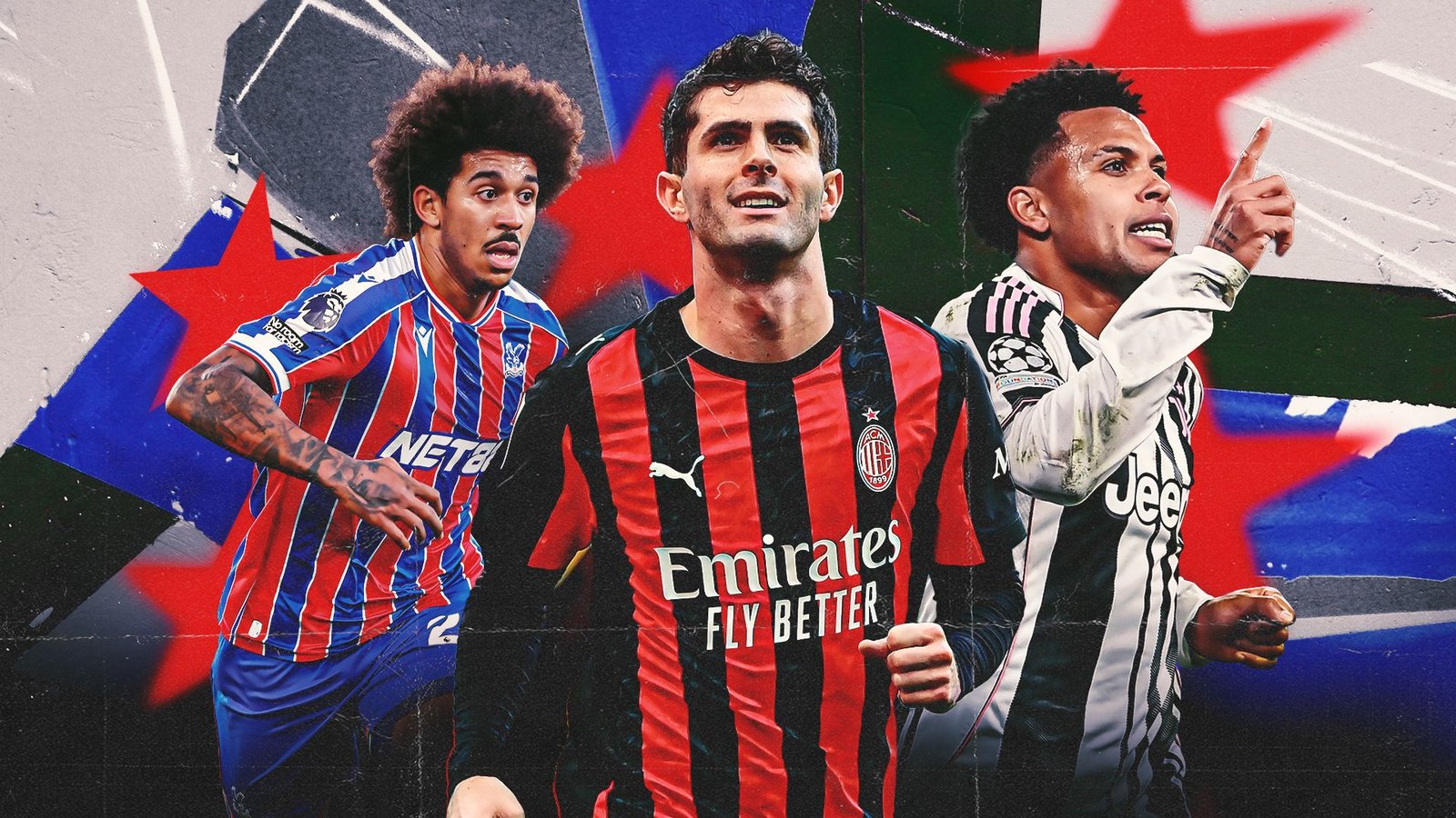 Crystal Palace's speler in een gestreept tenue, AC Milan's spits lachend in het zwart-rood, en Juventus' middenvelder gebarend in het wit-zwart.