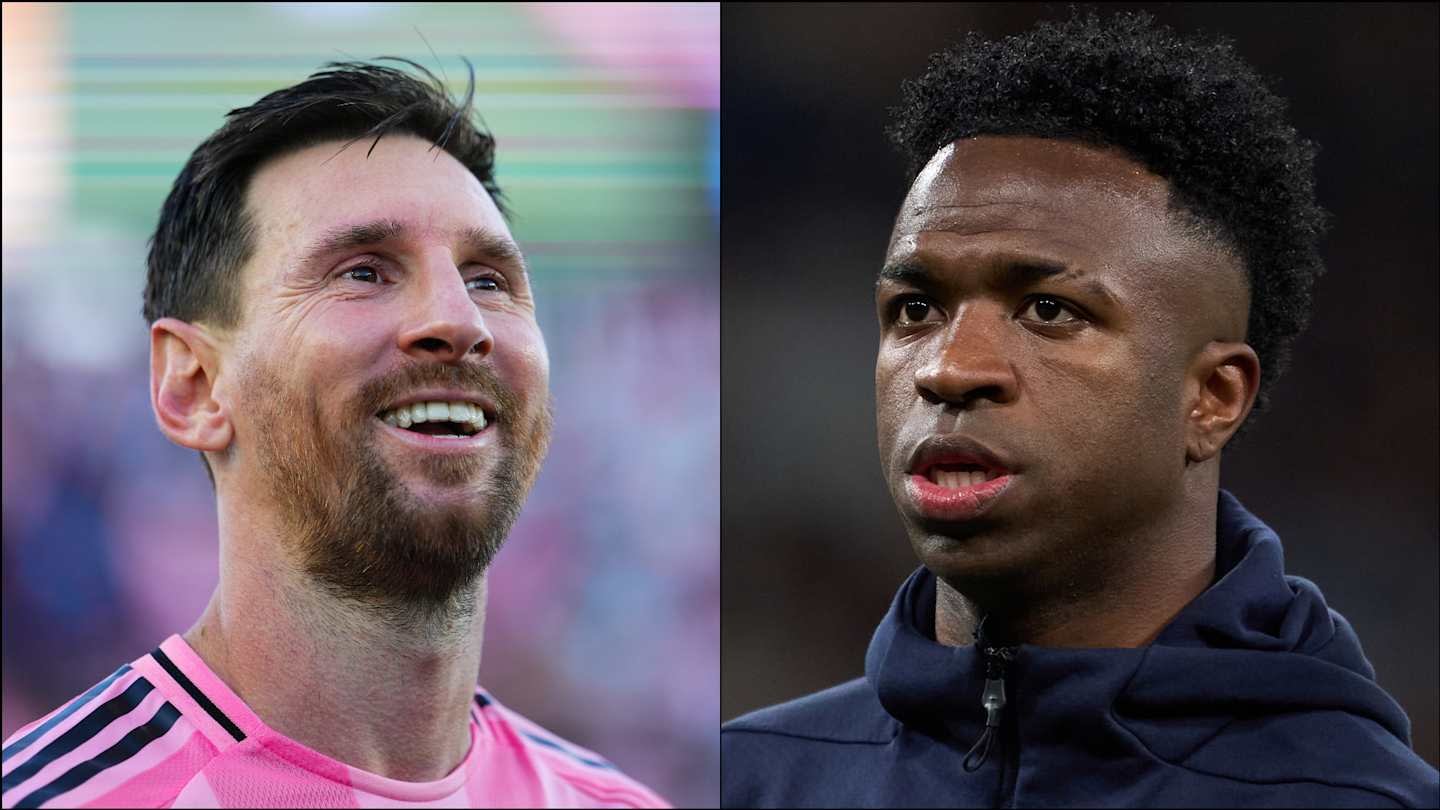 Lionel Messi smiles in a pink Inter Miami kit, while Vinicius Jr. looks serious in a dark tracksuit, both showcasing their football personas.