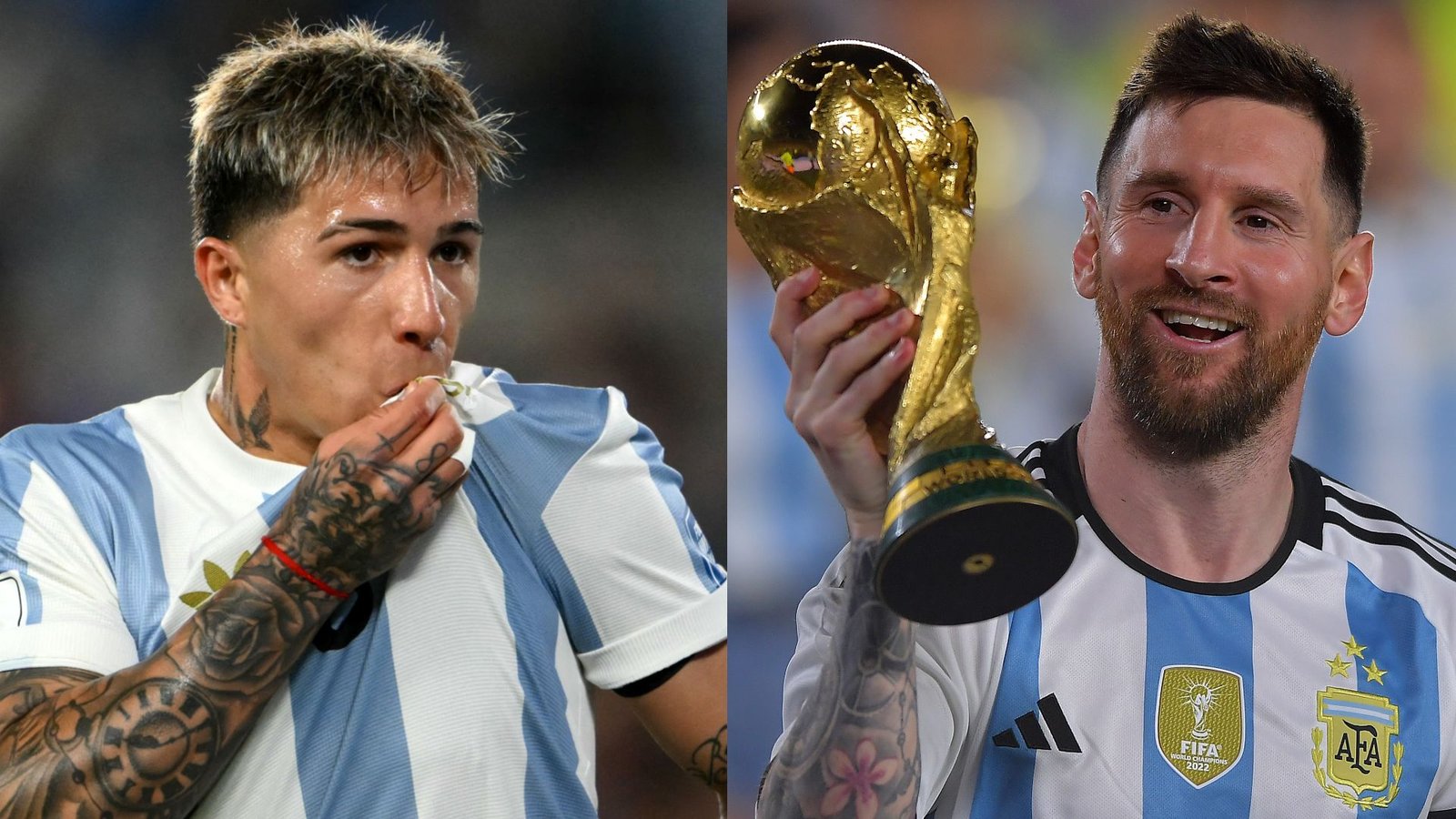 Enzo Fernández die op een fluitje blaast, naast Lionel Messi die met de Wereldbeker trofee viert, beiden in Argentinië's blauw-witte tenue.