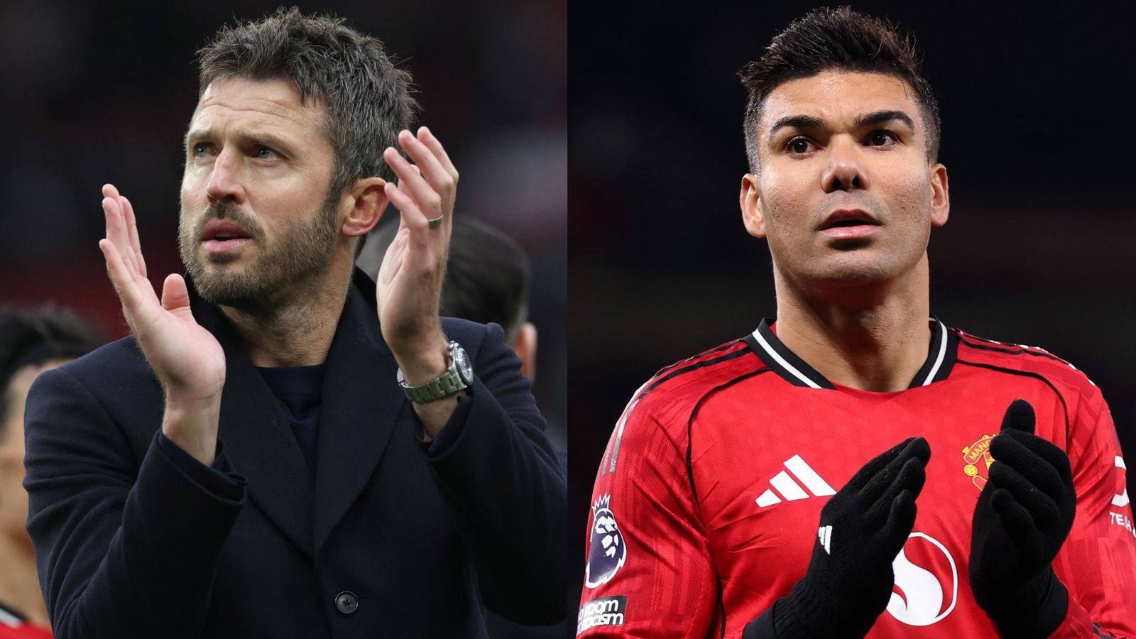 Michael Carrick klappend in een donkere jas naast Casemiro in een rood Manchester United-tenue tijdens een wedstrijd, wat teamgeest uitstraalt.