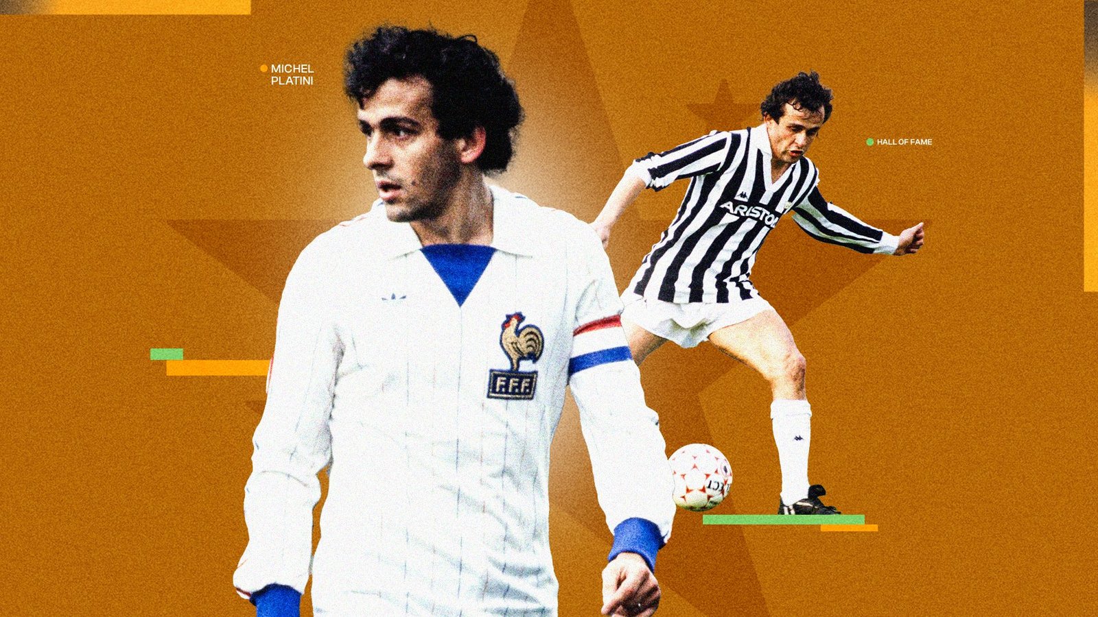 Michel Platini, en maillot domicile de la France et maillot rayé de la Juventus, se détache sur un fond orange vif, mettant en valeur son héritage footballistique.