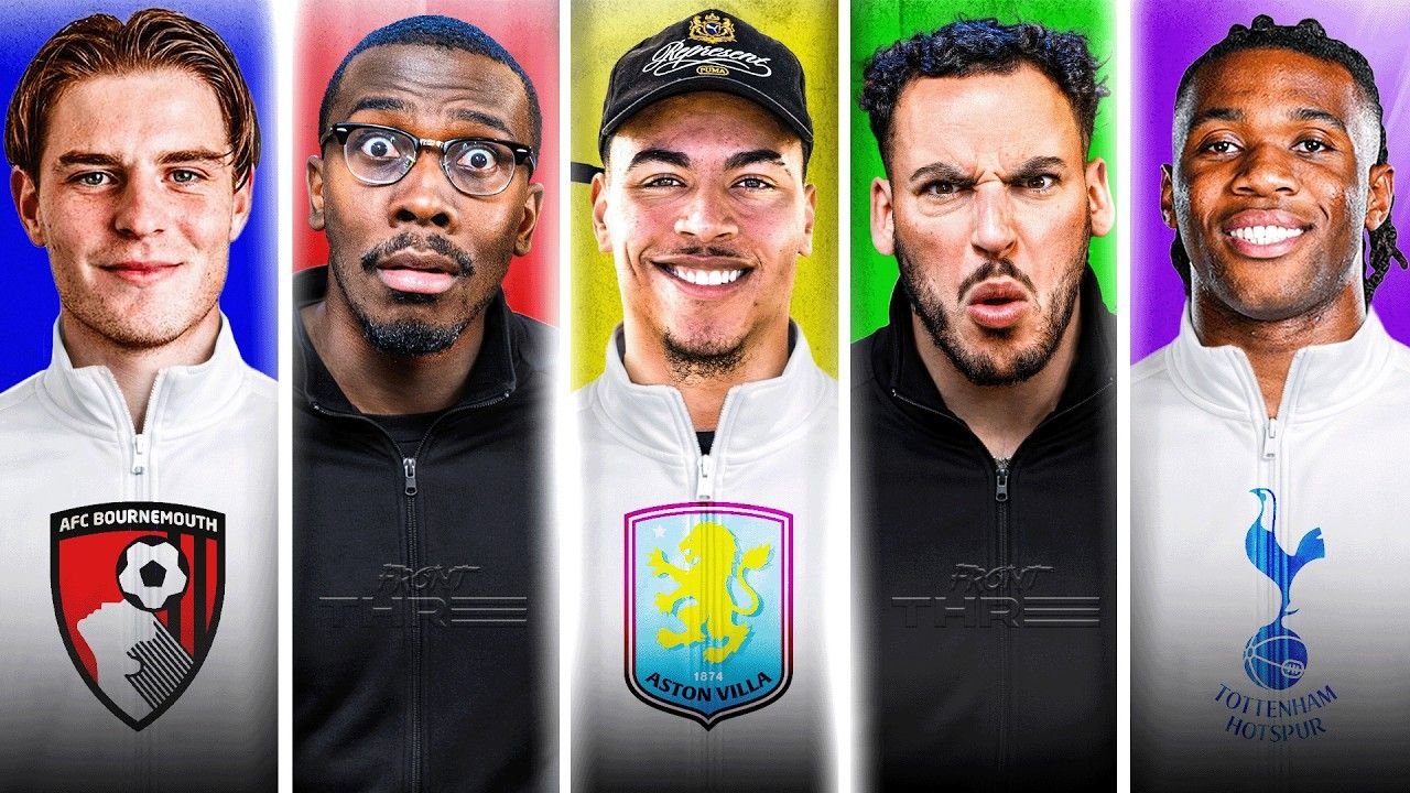 Morgan Rogers, Alex Scott, Destiny Udogie et deux autres joueurs, chacun arborant les couleurs de son équipe, présentent les logos de leurs clubs sur des fonds vibrants.