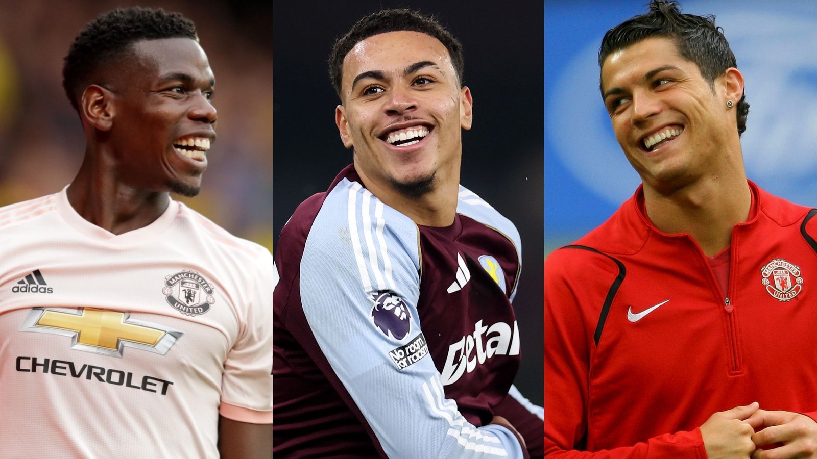 Paul Pogba in een roze Manchester United-shirt, Morgan Rogers in een bordeauxrood Aston Villa-tenue, en Cristiano Ronaldo in een rood Manchester United-trainingspak, allen glimlachend.