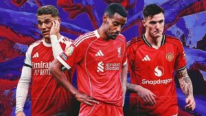 Trois joueurs déçus de Premier League en tenue rouge (Arsenal, Liverpool, Manchester United) sur un fond abstrait et dynamique.
