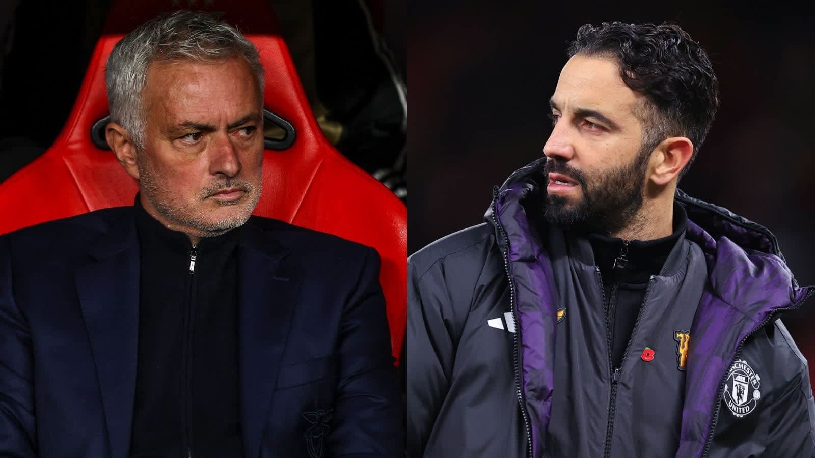 Jose Mourinho sits pensively in a red coach's seat, while Ruben Amorim, wearing a dark jacket with Manchester United insignia, looks off-screen.