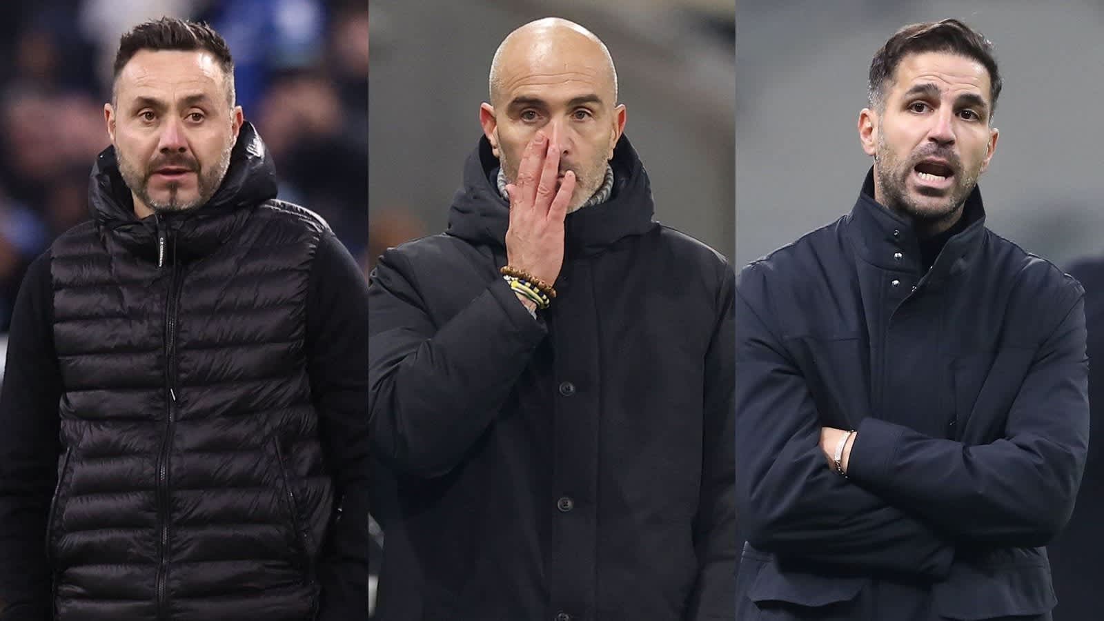 Trois entraîneurs de football sont représentés, chacun portant un manteau sombre. L'entraîneur de gauche a l'air déterminé, celui du centre semble contemplatif, et celui de droite exprime ses pensées avec animation.