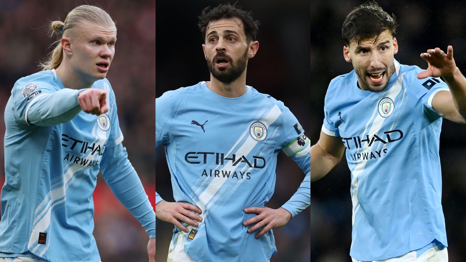 Erling Haaland, Bernardo Silva en Rúben Dias in het hemelsblauwe tenue van Manchester City, die teamdynamiek tonen tijdens een wedstrijd.