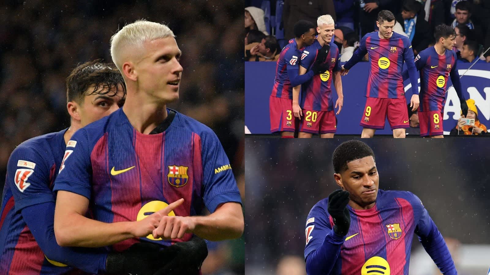 لاعبو نادي برشلونة يحتفلون وهم يرتدون قمصانهم الكستنائية والزرقاء، ويظهر في الصور احتفال أولمو بالهدف، وتجمع الفريق، ورد فعل ليفاندوفسكي خلال الديربي.