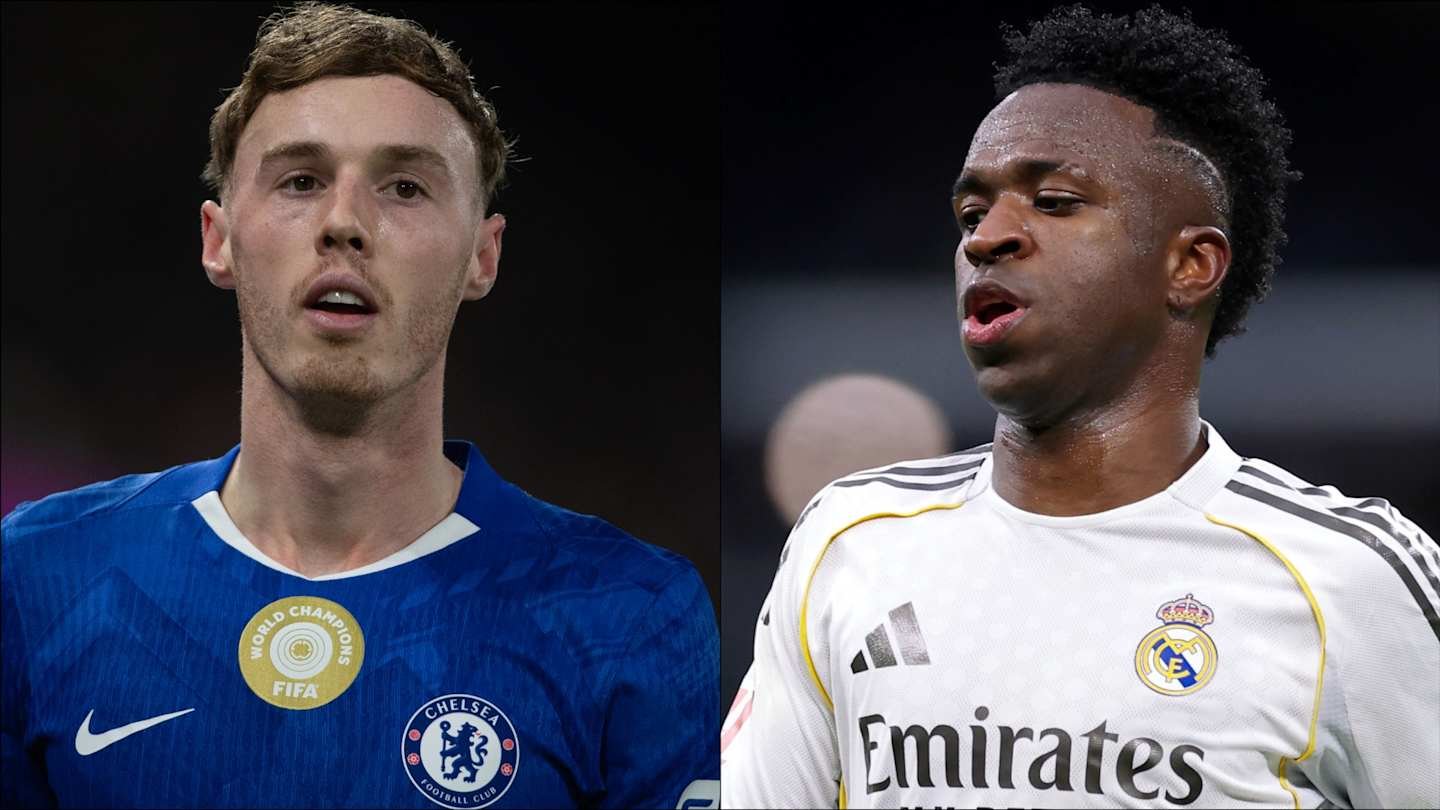 Chelsea's player in a blue kit and Real Madrid's player in a white kit, both focused, showcasing intense match moments.