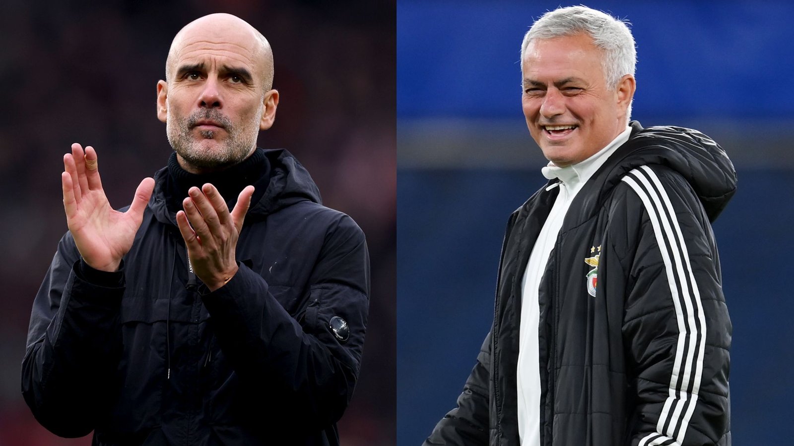 Pep Guardiola, in een zwart jasje, applaudisseert links, terwijl José Mourinho, glimlachend in een zwart-witte jas, rechts staat.