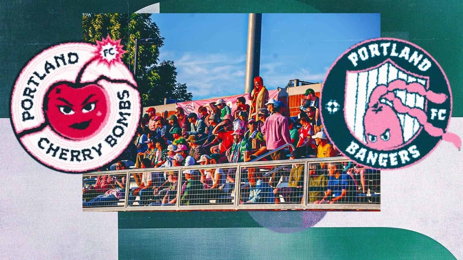 Foule lors d'un match de football avec des supporters aux vêtements colorés, arborant les logos des Portland Cherry Bombs et Portland Bangers.