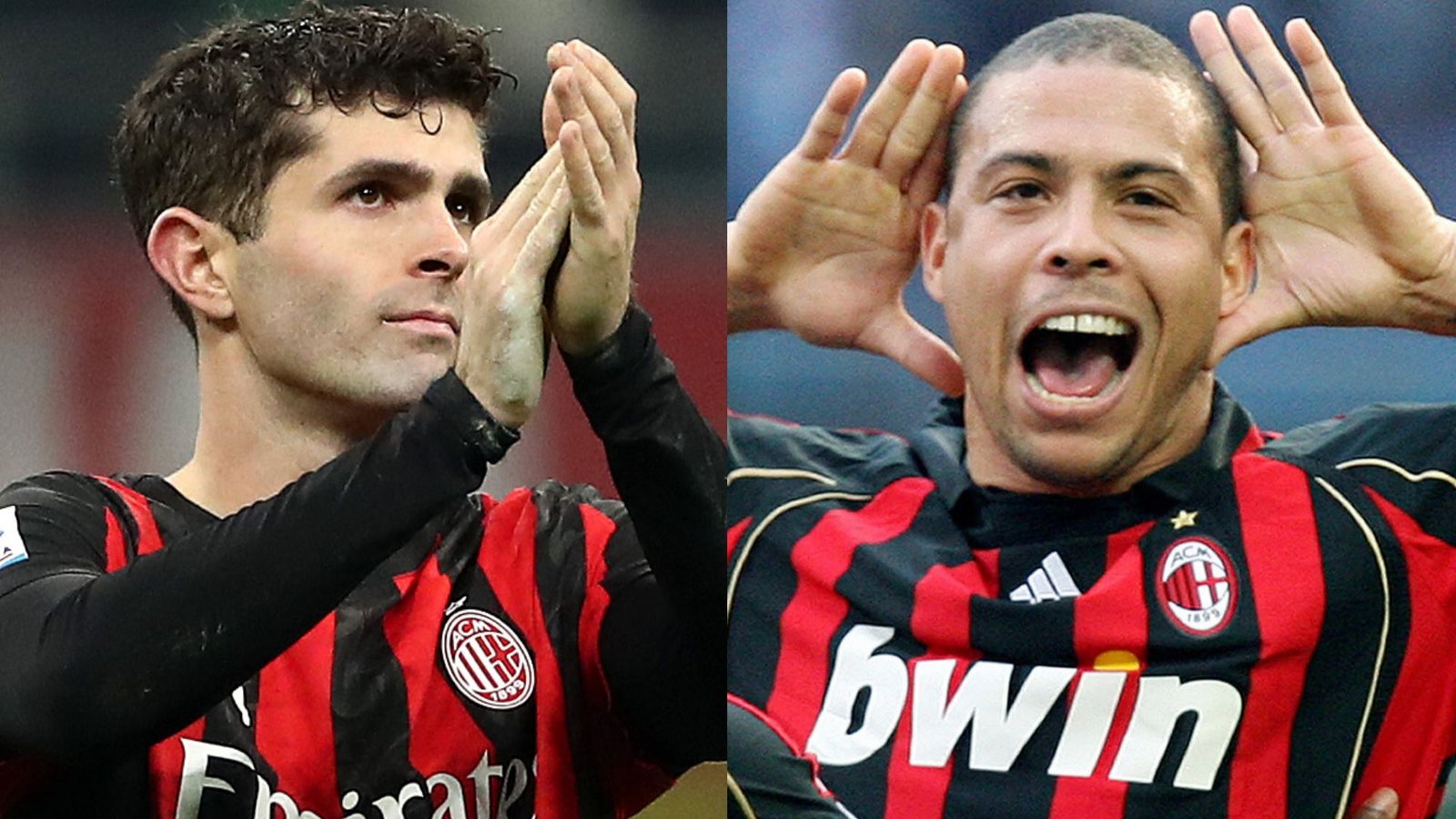 Christian Pulisic applaudisseert links, terwijl Ronaldo rechts met handgebaren viert; beiden in Milan's iconische rood-zwarte tenue.