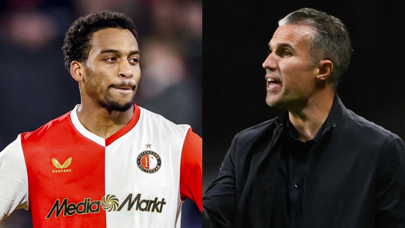 Quinten Timber in het rood-witte tenue van Feyenoord kijkt bedachtzaam naast Robin van Persie, die hem lijkt toe te spreken.