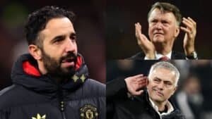 Trois managers de Manchester United sous les projecteurs : Rudi García en veste noire, Louis van Gaal applaudissant, et José Mourinho faisant un geste pour interagir avec la foule.