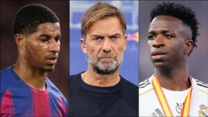 Rashford in Barcelona colours, Klopp with a serious expression, and Vinicius in a Real Madrid shirt with a medal, showcasing football rivalry.