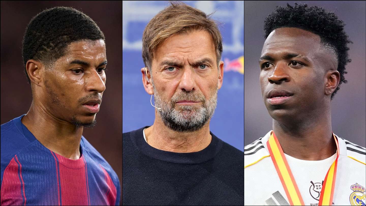 Rashford in Barcelona colours, Klopp with a serious expression, and Vinicius in a Real Madrid shirt with a medal, showcasing football rivalry.