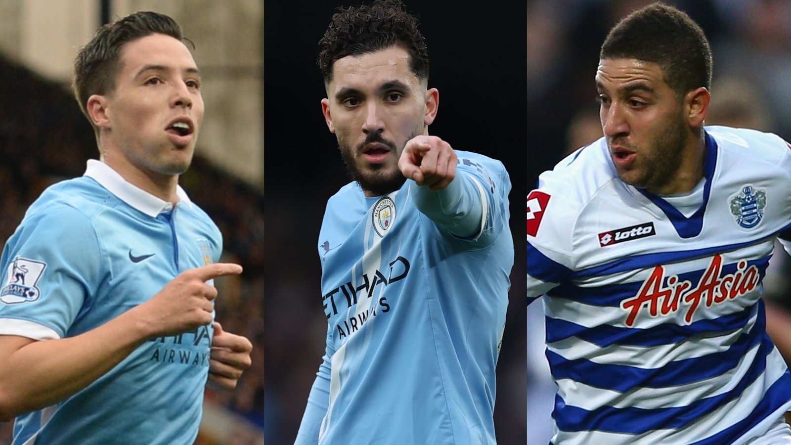 Samir Nasri in het lichtblauwe Manchester City-tenue, Rayan Cherki wijzend in hetzelfde tenue, en Adel Taarabt in het gestreepte shirt van QPR.