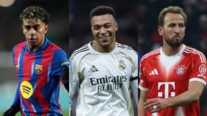 Le joueur du Barcelone en tenue bleue et rouge, Mbappé en blanc du Real Madrid, et Kane en maillot rouge du Bayern Munich, mettant en valeur les meilleurs talents.