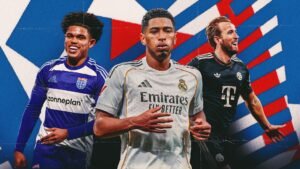 Drie voetballers afgebeeld: een glimlachende speler in FC Zwolle's blauw-witte tenue links, Jude Bellingham in Real Madrid's grijze tenue in het midden, en Harry Kane in een zwart Bayern München-tenue rechts, tegen een levendige geometrische achtergrond.