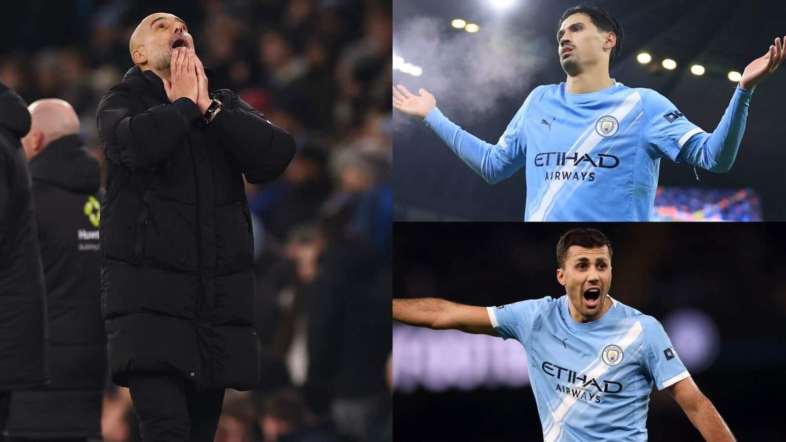 Pep Guardiola toont frustratie aan de zijlijn, terwijl de spelers van Manchester City ongeloof uiten tijdens een gespannen wedstrijdsituatie.
