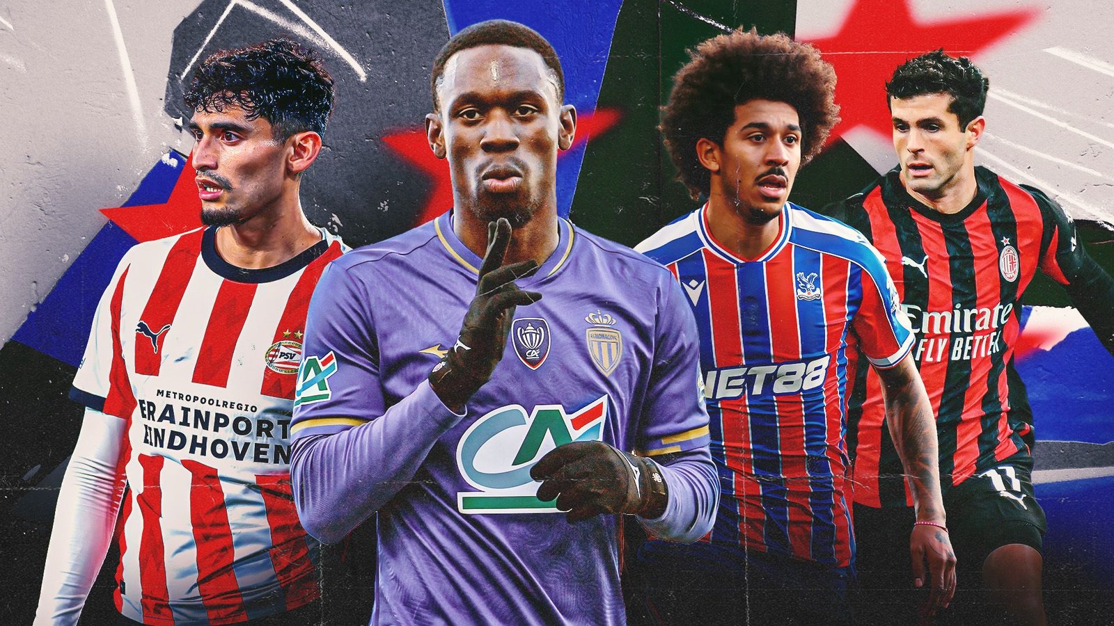 Quatre joueurs de football divers dans des poses dynamiques : un joueur du PSV Eindhoven en rouge et blanc, un gardien de but de Monaco en violet, un joueur de Crystal Palace en bleu et rouge, et un joueur de l'AC Milan en noir et rouge.