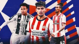Ricardo Pepi, vêtu du maillot du PSV Eindhoven, est encadré par des joueurs portant les maillots de la Juventus et de Southampton, le tout sur un fond abstrait et dynamique.