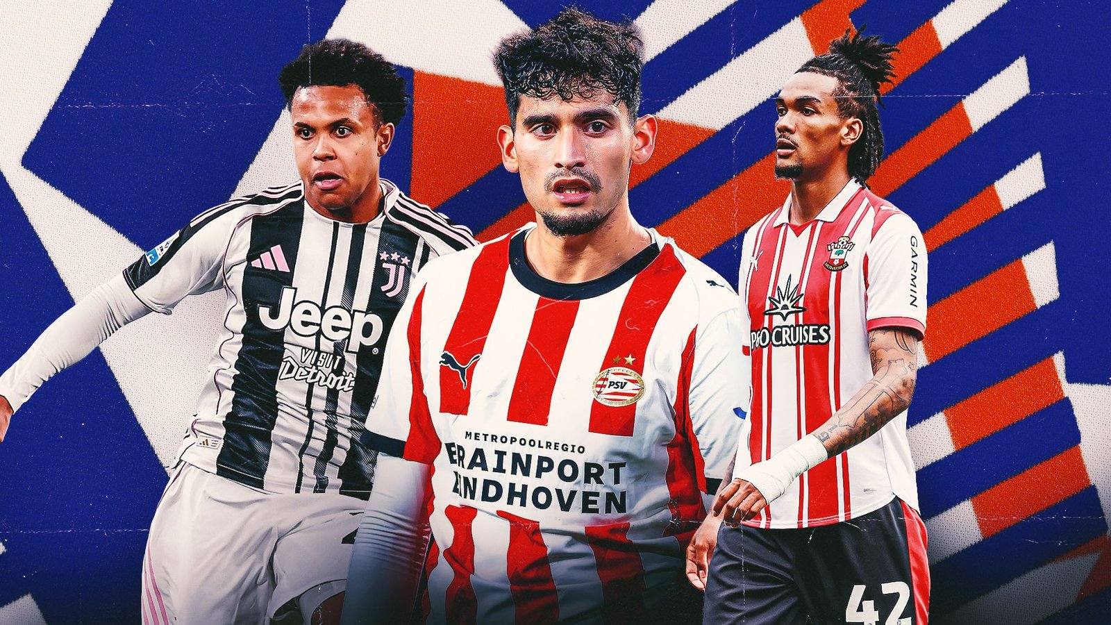 Ricardo Pepi, vêtu du maillot du PSV Eindhoven, est encadré par des joueurs portant les maillots de la Juventus et de Southampton, le tout sur un fond abstrait et dynamique.