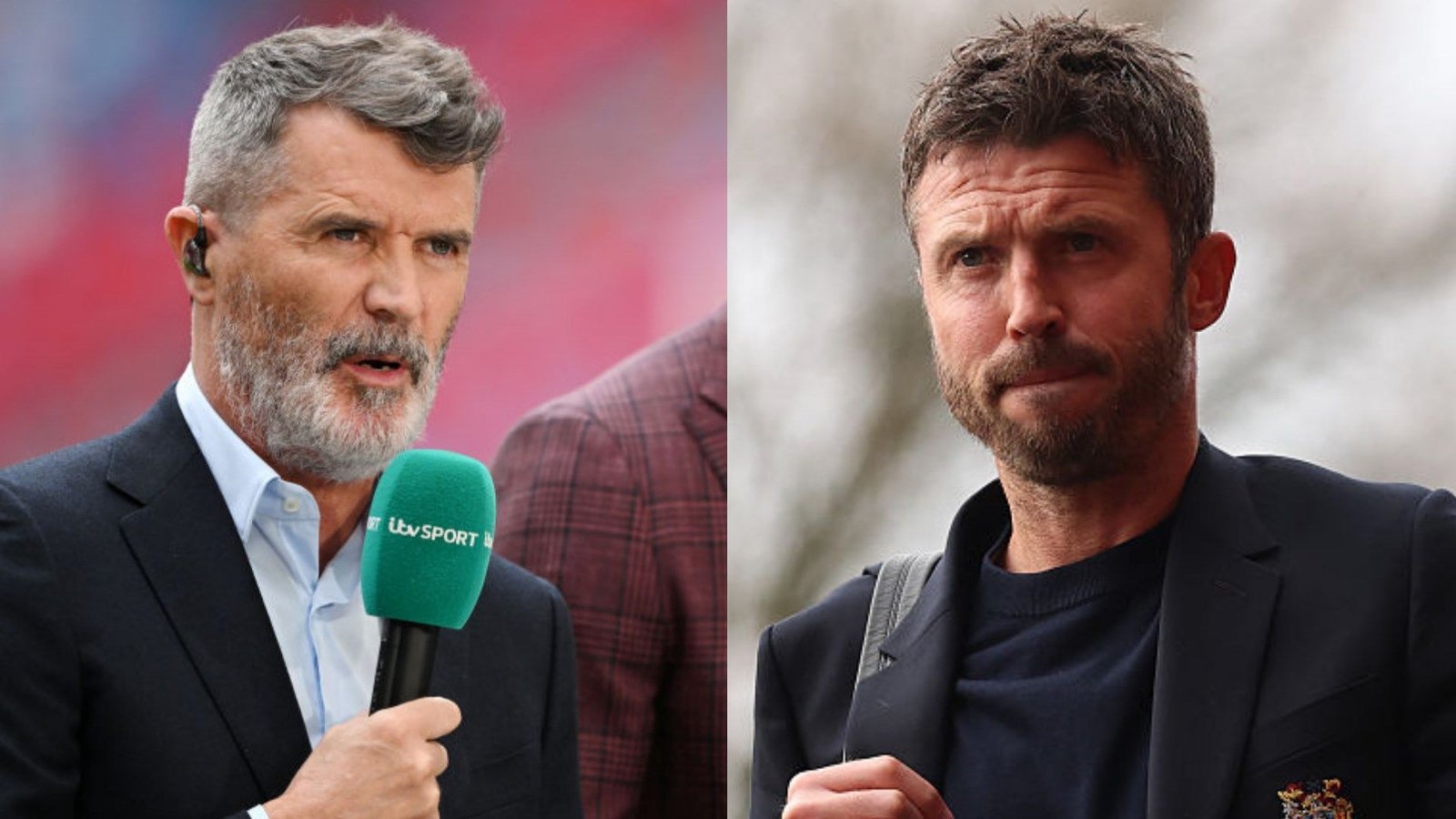 Roy Keane spreekt in een microfoon aan de linkerkant, terwijl Michael Carrick aan de rechterkant bedachtzaam kijkt, beiden in formele kleding.